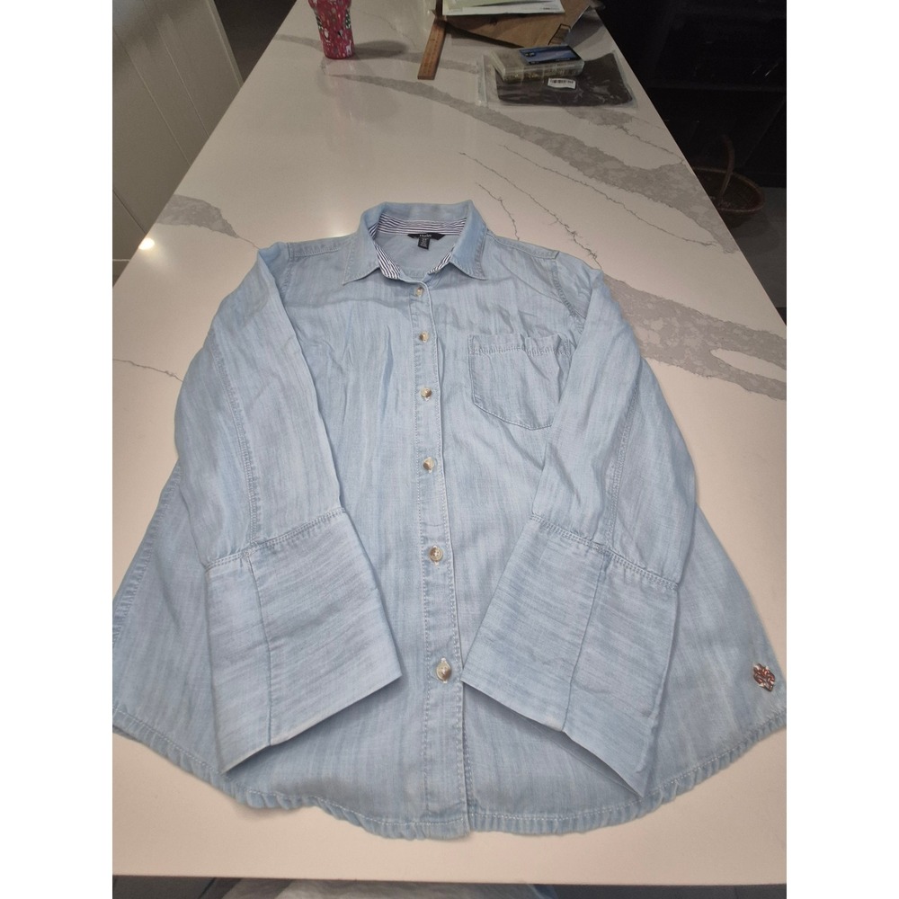 Hatley Womens Light Wash Lyocell Denim Button Down Shirt Small Blue Striped Trim